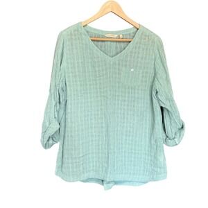 Soft Surroundings Sage Green Linen Blend Gauze V-Neck Roll Tab Sleeve Top S